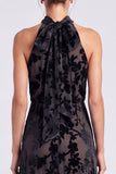 Vestido formal largo de terciopelo floral con escote halter, escote oliva
