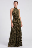 Vestido formal largo de terciopelo floral con escote halter, escote oliva
