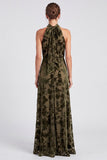 Vestido formal largo de terciopelo floral con escote halter, escote oliva
