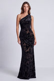 Vestido formal largo de sirena floral de un hombro de terciopelo oliva