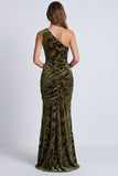 Vestido formal largo de sirena floral de un hombro de terciopelo oliva