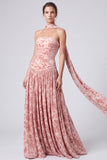 Vestido formal largo largo de apertura, floral sin tirantes de terciopelo rosa A-line