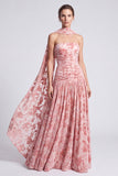 Vestido formal largo largo de apertura, floral sin tirantes de terciopelo rosa A-line