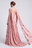 Vestido formal largo largo de apertura, floral sin tirantes de terciopelo rosa A-line