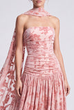 Vestido formal largo largo de apertura, floral sin tirantes de terciopelo rosa A-line