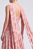 Vestido formal largo largo de apertura, floral sin tirantes de terciopelo rosa A-line