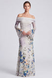Vestido formal largo de sirena floral de hombros descubiertos en marfil con mangas largas