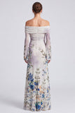 Vestido formal largo de sirena floral de hombros descubiertos en marfil con mangas largas