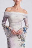 Vestido formal largo de sirena floral de hombros descubiertos en marfil con mangas largas