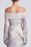 Vestido formal largo de sirena floral de hombros descubiertos en marfil con mangas largas