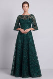 Vestido largo de Madre de la Novia verde oscuro con escote bateau de cuello en forma de línea A
