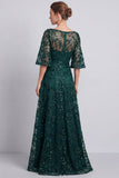 Vestido largo de Madre de la Novia verde oscuro con escote bateau de cuello en forma de línea A