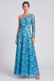 Vestido formal largo de lentejuelas azul línea A con lentejuelas de un solo hombro y manga larga