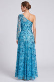 Vestido formal largo de lentejuelas azul línea A con lentejuelas de un solo hombro y manga larga