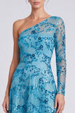 Vestido formal largo de lentejuelas azul línea A con lentejuelas de un solo hombro y manga larga