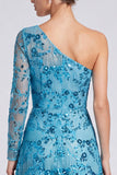 Vestido formal largo de lentejuelas azul línea A con lentejuelas de un solo hombro y manga larga