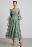 Vestido formal midi midi floral A-line de Salvia polvorienta con mangas acampanadas