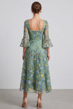 Vestido formal midi midi floral A-line de Salvia polvorienta con mangas acampanadas