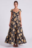 Vestido formal largo de flores de oro negro, cuello cuadrado, línea cuadrado y mangas gorjidas