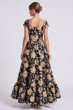 Vestido formal largo de flores de oro negro, cuello cuadrado, línea cuadrado y mangas gorjidas