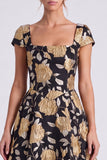 Vestido formal largo de flores de oro negro, cuello cuadrado, línea cuadrado y mangas gorjidas