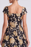 Vestido formal largo de flores de oro negro, cuello cuadrado, línea cuadrado y mangas gorjidas