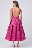 Vestido midi floral sin espalda sin espalda fucsia bateau cuello bateau Jacquard