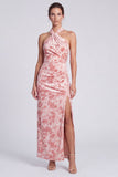 Vestido largo floral Maxi de terciopelo de terciopelo rosa Sirena con cuello halter y abertura