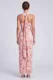 Vestido largo floral Maxi de terciopelo de terciopelo rosa Sirena con cuello halter y abertura