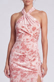 Vestido largo floral Maxi de terciopelo de terciopelo rosa Sirena con cuello halter y abertura