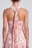 Vestido largo floral Maxi de terciopelo de terciopelo rosa Sirena con cuello halter y abertura