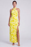 Vestido largo floral Maxi de terciopelo de terciopelo rosa Sirena con cuello halter y abertura