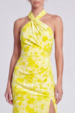 Vestido largo floral Maxi de terciopelo de terciopelo rosa Sirena con cuello halter y abertura