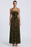 Vestido formal largo de terciopelo oliva con escote halter, línea A,