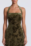 Vestido formal largo de terciopelo oliva con escote halter, línea A,