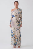 Vestido formal largo de sirena floral de un solo hombro y marfil