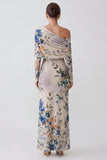 Vestido formal largo de sirena floral de un solo hombro y marfil