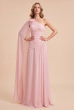Vestido Maxi de chiffon de un solo hombro con capa rosa claro y un solo hombro fruncido