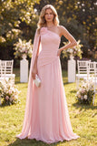 Vestido Maxi de chiffon de un solo hombro con capa rosa claro y un solo hombro fruncido