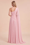 Vestido Maxi de chiffon de un solo hombro con capa rosa claro y un solo hombro fruncido