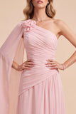 Vestido Maxi de chiffon de un solo hombro con capa rosa claro y un solo hombro fruncido