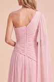 Vestido Maxi de chiffon de un solo hombro con capa rosa claro y un solo hombro fruncido