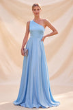 Vestido Maxi de satén de un solo hombro azul cielo