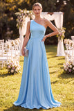 Vestido Maxi de satén de un solo hombro azul cielo