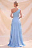 Vestido Maxi de satén de un solo hombro azul cielo