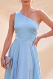 Vestido Maxi de satén de un solo hombro azul cielo