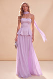 Vestido Maxi de gasa rizada y tirantes de color lila claro con volantes y bolas