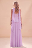 Vestido Maxi de gasa rizada y tirantes de color lila claro con volantes y bolas