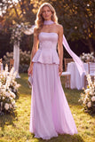 Vestido Maxi de gasa rizada y tirantes de color lila claro con volantes y bolas