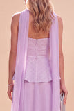 Vestido Maxi de gasa rizada y tirantes de color lila claro con volantes y bolas